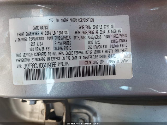 Продажа на аукционе авто 2013 Mazda Cx-9 Touring, vin: JM3TB3CV1D0419066, номер лота: 45757455