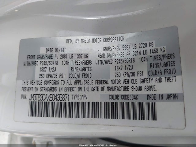 45757466 :رقم المزاد ، JM3TB3CAXE0433871 vin ، 2014 Mazda Cx-9 Touring مزاد بيع