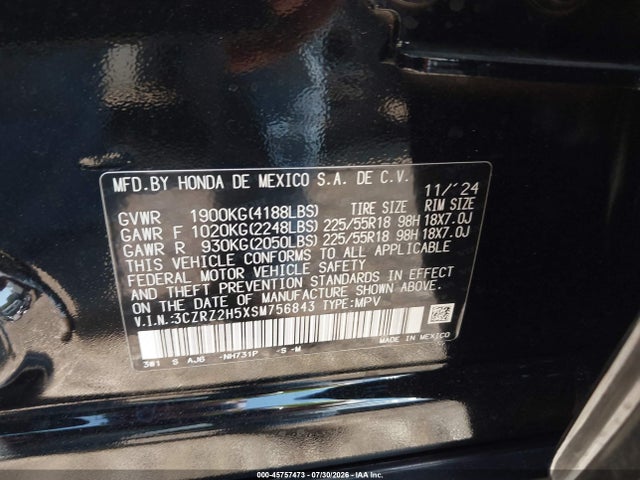 45757473 :رقم المزاد ، 3CZRZ2H5XSM756843 vin ، 2025 Honda Hr-v Awd Sport مزاد بيع