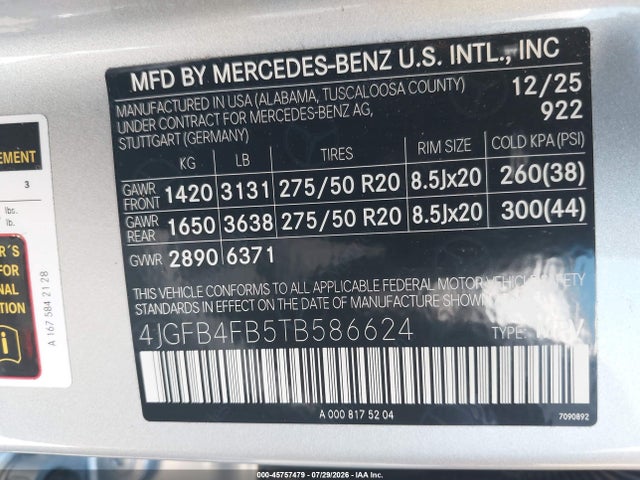 Aukcja sprzedaży 2026 Mercedes-benz Gle 350, vin: 4JGFB4FB5TB586624, numer aukcji: 45757479