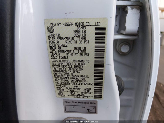 Aukcja sprzedaży 2003 Nissan Xterra Xe, vin: 5N1ED28Y43C689040, numer aukcji: 45757483