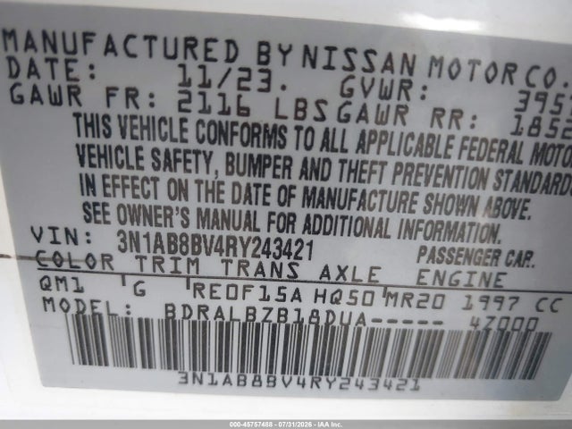 Продажа на аукционе авто 2024 Nissan Sentra S Xtronic Cvt, vin: 3N1AB8BV4RY243421, номер лота: 45757488