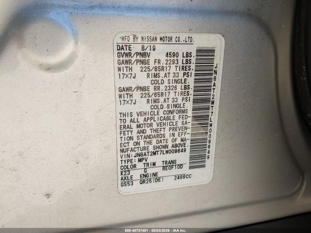 45757491 :رقم المزاد ، JN8AT2MT7LW009649 vin ، 2020 Nissan Rogue Sv Fwd مزاد بيع