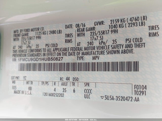 1FMCU9GD1HUB50827 Ford ESCAPE SE