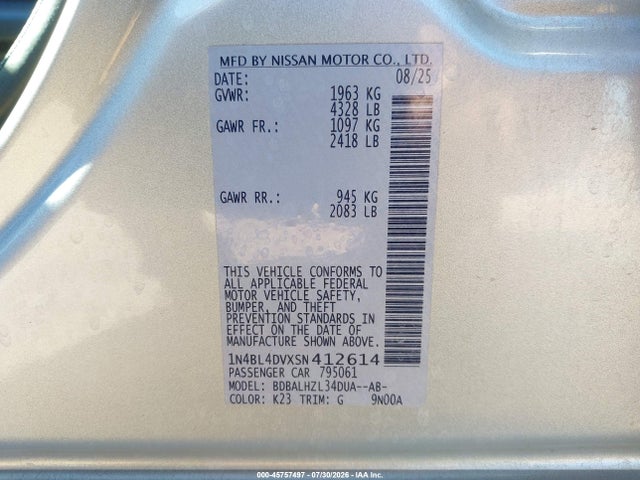 1N4BL4DVXSN412614 Nissan Altima Sv Fwd