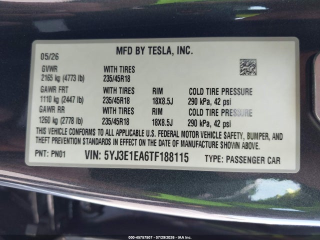 5YJ3E1EA6TF188115 Tesla Model 3 Premium Rear-wheel Drive/rear-wheel Drive