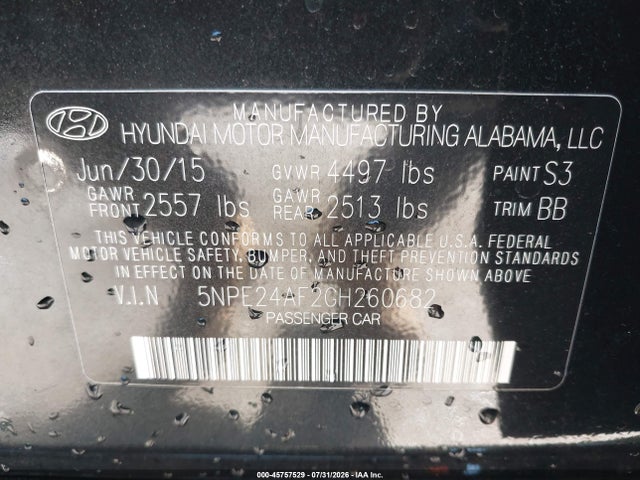 2016 Hyundai Sonata Se მანქანა იყიდება აუქციონზე, vin: 5NPE24AF2GH260682, აუქციონის ნომერი: 45757529