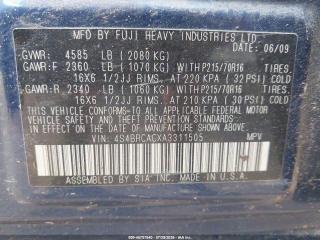 2010 Subaru Outback 2.5i მანქანა იყიდება აუქციონზე, vin: 4S4BRCACXA3311505, აუქციონის ნომერი: 45757540