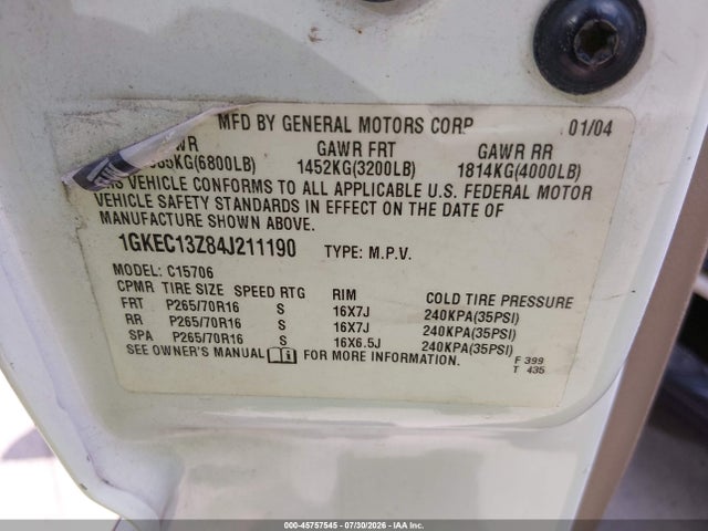 Продаж на аукціоні авто 2004 Gmc Yukon Sle, vin: 1GKEC13Z84J211190, номер лоту: 45757545