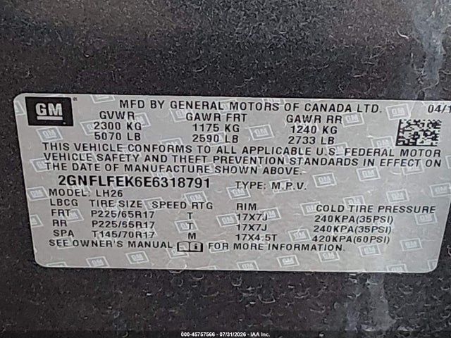 2GNFLFEK6E6318791 Chevrolet EQUINOX LT