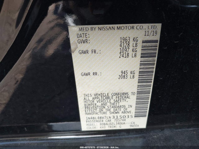 1N4BL4BV7LN315035 Nissan Altima S Fwd