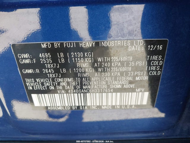 45757592 :رقم المزاد ، 4S4BSANC6H3317654 vin ، 2017 Subaru Outback 2.5i Limited مزاد بيع