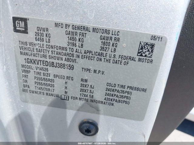 45757607 :رقم المزاد ، 1GKKVTED0BJ388159 vin ، 2011 Gmc Acadia Denali مزاد بيع