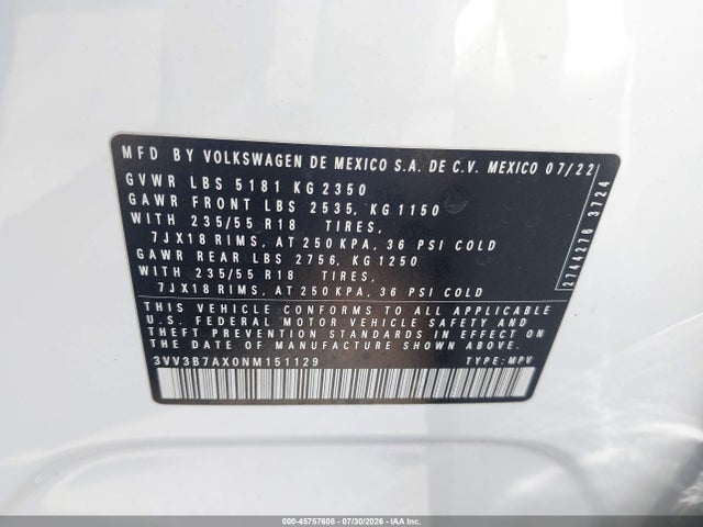 45757608 :رقم المزاد ، 3VV3B7AX0NM151129 vin ، 2022 Volkswagen Tiguan 2.0t Se مزاد بيع