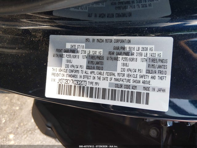 2019 Mazda Cx-9 Touring მანქანა იყიდება აუქციონზე, vin: JM3TCBCY7K0302073, აუქციონის ნომერი: 45757612