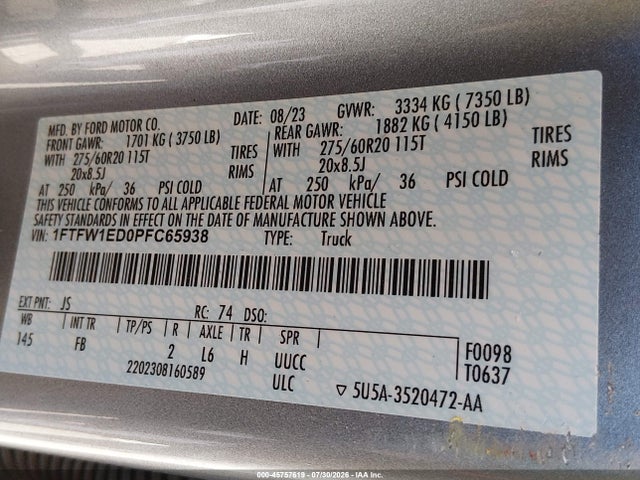 1FTFW1ED0PFC65938 Ford F-150 Xlt