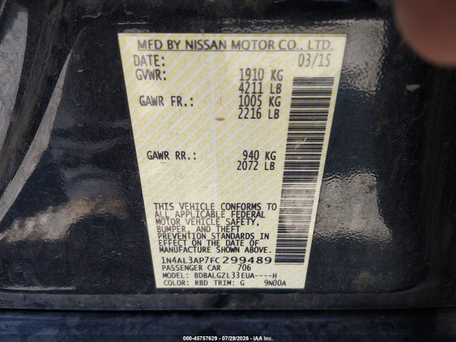45757629 :رقم المزاد ، 1N4AL3AP7FC299489 vin ، 2015 Nissan Altima 2.5 S مزاد بيع