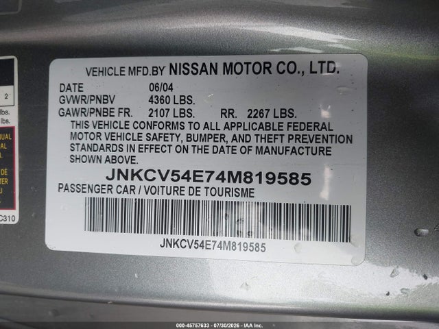 2004 Infiniti G35 მანქანა იყიდება აუქციონზე, vin: JNKCV54E74M819585, აუქციონის ნომერი: 45757633