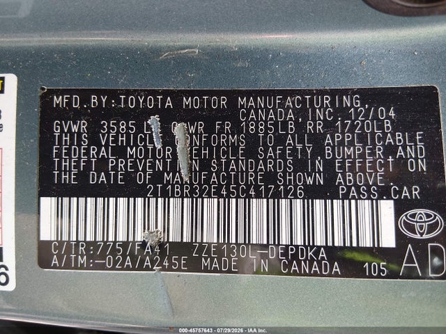 Продажа на аукционе авто 2005 Toyota Corolla Ce, vin: 2T1BR32E45C417126, номер лота: 45757643