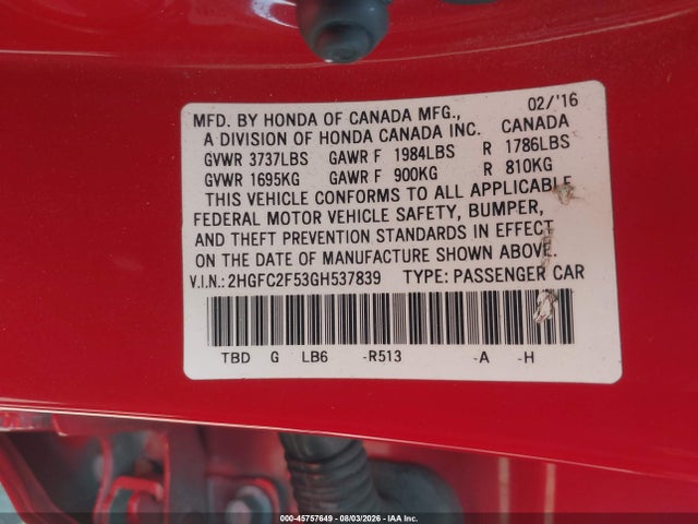 Honda Civic Lx 2016 2HGFC2F53GH537839 Image 9