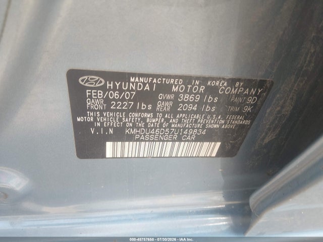 2007 Hyundai Elantra Gls/ltd/se მანქანა იყიდება აუქციონზე, vin: KMHDU46D57U149834, აუქციონის ნომერი: 45757650