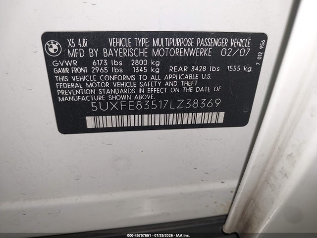 45757651 :رقم المزاد ، 5UXFE83517LZ38369 vin ، 2007 Bmw X5 4.8i مزاد بيع