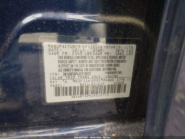 2018 Nissan Sentra S მანქანა იყიდება აუქციონზე, vin: 3N1AB7AP4JY218973, აუქციონის ნომერი: 45757661