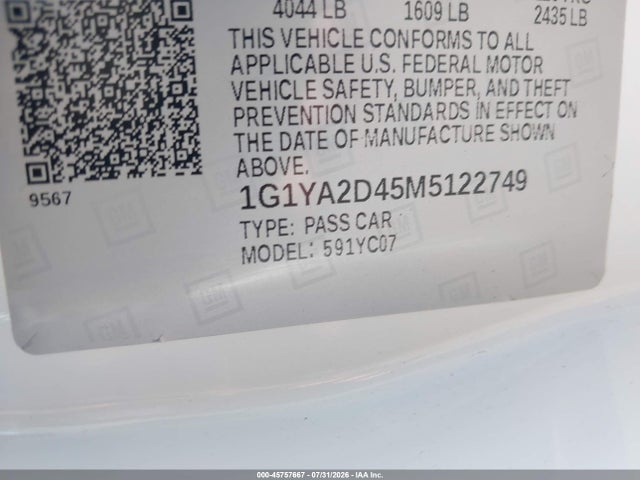 Продаж на аукціоні авто 2021 Chevrolet Corvette Stingray Rwd  1lt, vin: 1G1YA2D45M5122749, номер лоту: 45757667