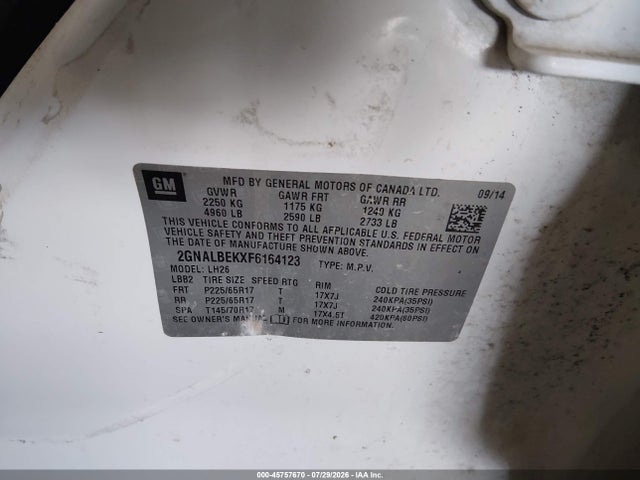 Продаж на аукціоні авто 2015 Chevrolet Equinox Lt, vin: 2GNALBEKXF6164123, номер лоту: 45757670