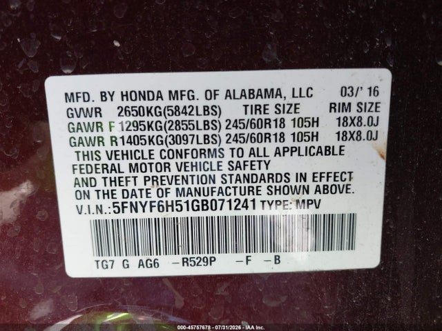 Honda Pilot Ex-l 2016 5FNYF6H51GB071241 Image 9