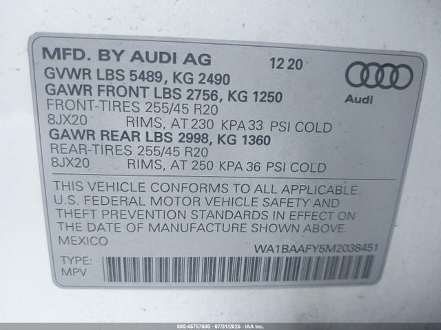 45757680 :رقم المزاد ، WA1BAAFY5M2038451 vin ، 2021 Audi Q5 Premium Plus 45 Tfsi Quattro S Tronic مزاد بيع