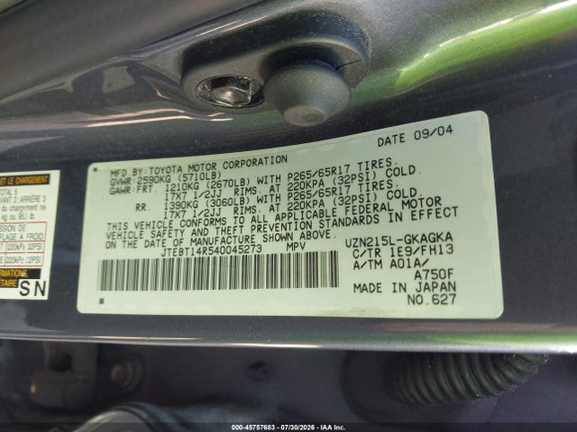 Aukcja sprzedaży 2004 Toyota 4runner Sr5 Sport V8, vin: JTEBT14R540045273, numer aukcji: 45757683