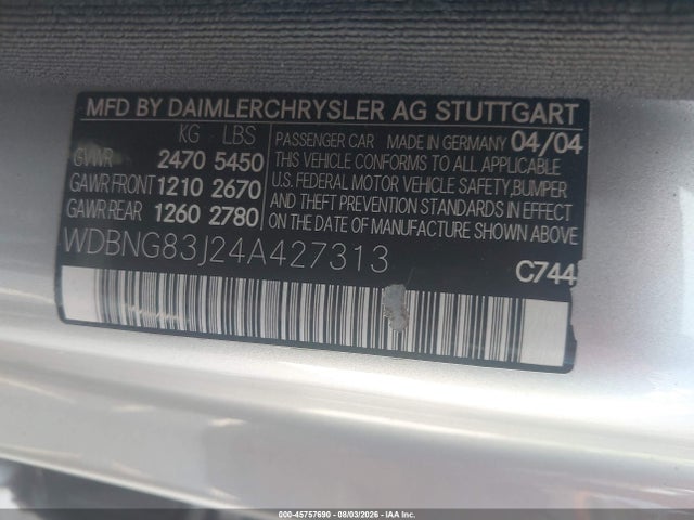 45757690 :رقم المزاد ، WDBNG83J24A427313 vin ، 2004 Mercedes-benz S 430 4matic مزاد بيع