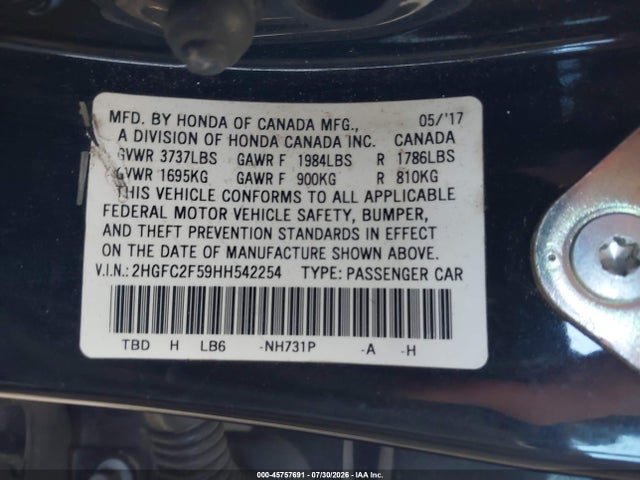 Honda Civic Lx 2017 2HGFC2F59HH542254 Image 9