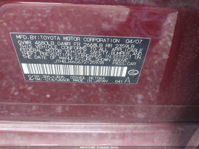 Продаж на аукціоні авто 2007 Lexus Es 350, vin: JTHBJ46G672125938, номер лоту: 45757695