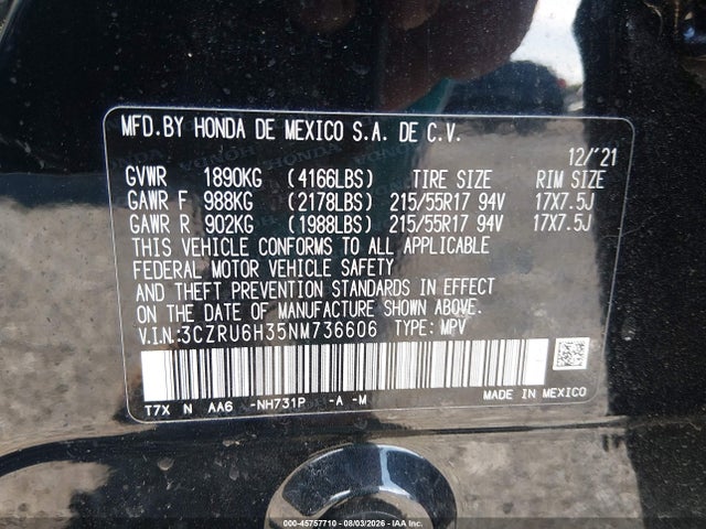 Aukcja sprzedaży 2022 Honda Hr-v Awd Lx, vin: 3CZRU6H35NM736606, numer aukcji: 45757710