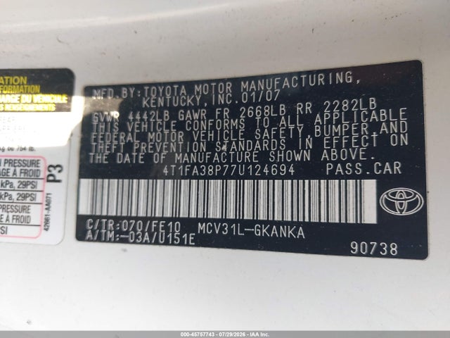 Продажа на аукционе авто 2007 Toyota Camry Solara Se, vin: 4T1FA38P77U124694, номер лота: 45757743