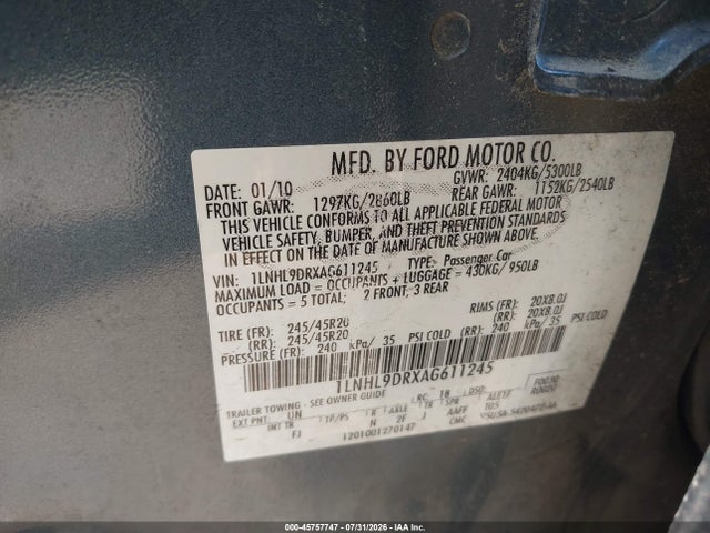 Aukcja sprzedaży 2010 Lincoln Mks, vin: 1LNHL9DRXAG611245, numer aukcji: 45757747