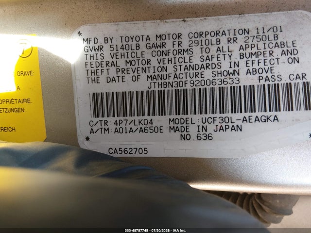 Продажа на аукционе авто 2002 Lexus Ls 430, vin: JTHBN30F920063633, номер лота: 45757748