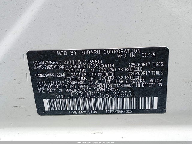 2025 Subaru Crosstrek მანქანა იყიდება აუქციონზე, vin: JF2GUABC0S8234953, აუქციონის ნომერი: 45757754
