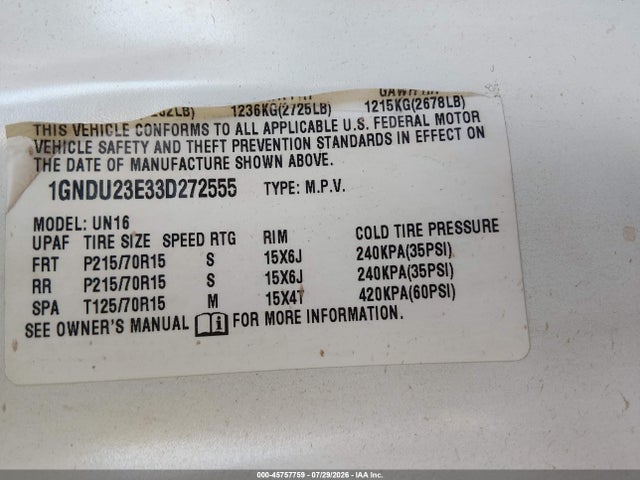Auction sale of the 2003 Chevrolet Venture 1sv Pkg, vin: 1GNDU23E33D272555, lot number: 45757759