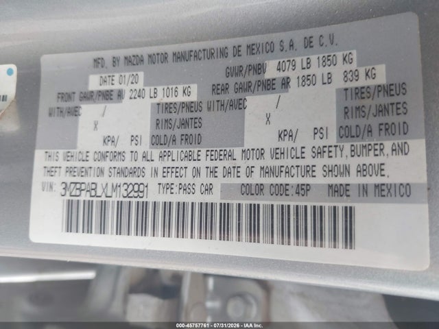 45757761 :رقم المزاد ، 3MZBPABLXLM132991 vin ، 2020 Mazda Mazda3 مزاد بيع
