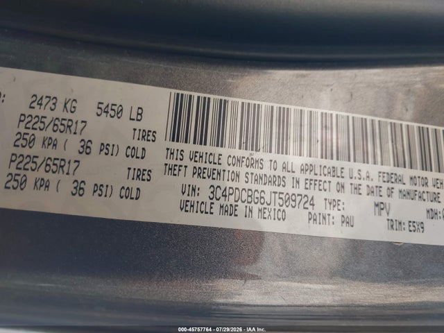 45757764 :رقم المزاد ، 3C4PDCBG6JT509724 vin ، 2018 Dodge Journey Sxt مزاد بيع