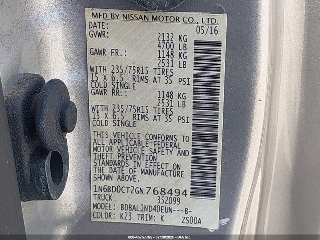 Aukcja sprzedaży 2016 Nissan Frontier S, vin: 1N6BD0CT2GN768494, numer aukcji: 45757765