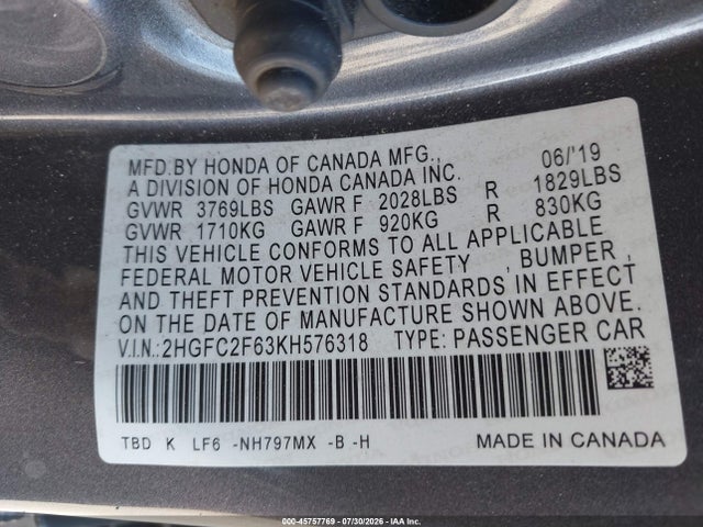 Honda Civic Lx 2019 2HGFC2F63KH576318 Image 9