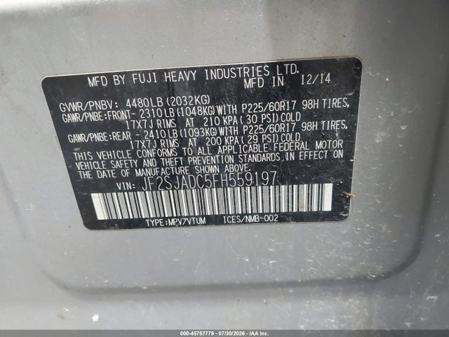 45757779 :رقم المزاد ، JF2SJADC5FH559197 vin ، 2015 Subaru Forester 2.5i Premium مزاد بيع