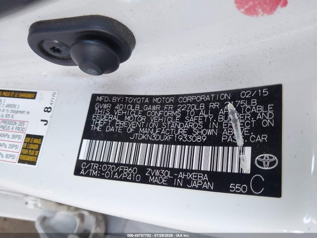 Toyota Prius Three 2015 JTDKN3DUXF1933089 Image 9