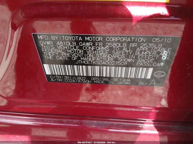 Aukcja sprzedaży 2010 Lexus Gs 350, vin: JTHCE1KS0A0027508, numer aukcji: 45757821