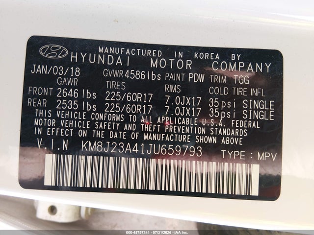 2018 Hyundai Tucson Se მანქანა იყიდება აუქციონზე, vin: KM8J23A41JU659793, აუქციონის ნომერი: 45757841