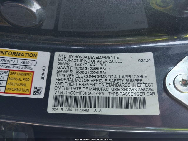 Продажа на аукционе авто 2024 Honda Accord Ex, vin: 1HGCY1F34RA047375, номер лота: 45757844